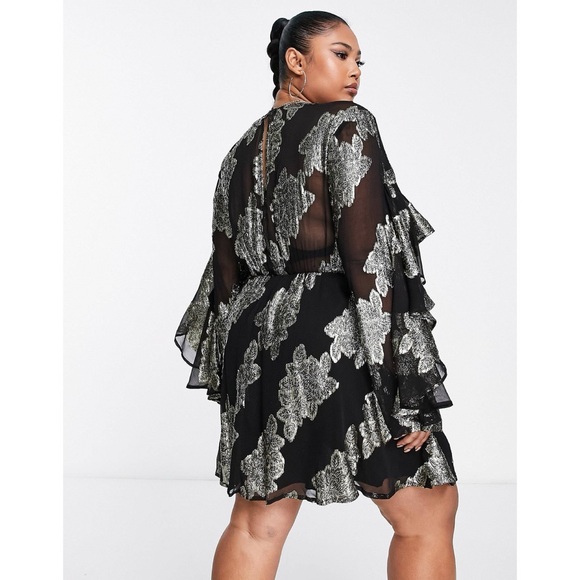 ASOS DESIGN Curve Metallic Frill Mini Dress With Lace Up  Neck In Black Pattern - Picture 3 of 14